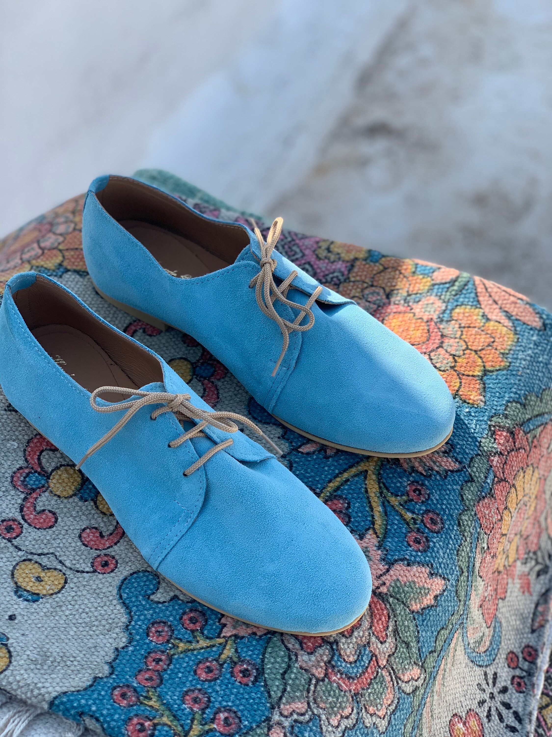 Sky Blue oxford Shoes. Suede Leather Flats. Lady office Oxford style ...