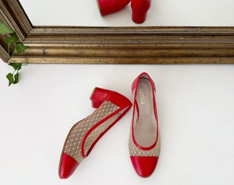 Mesh Red and beige pumps. mid shoes in red soft leather and mesh beige details, medium block heels ,woman pumps 4 ,5 cm heel retro style.