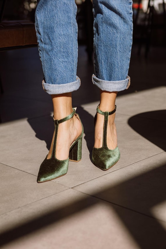 Wedding Olive Green Velvet Tango Style Woman Handmade Block Heels Pointed Pumps green Velvet Wedding Shoes Collection Sandalen Blockabsatz Etsy