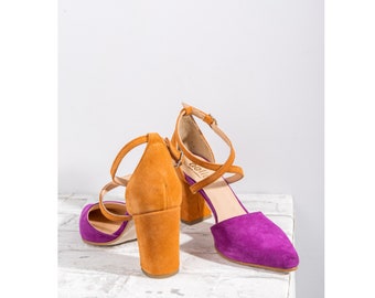 Woman heels Magenta- Orange - stunning block heels  Woman Handmade Medium Block Heels Pointed Pumps , make your color blocking