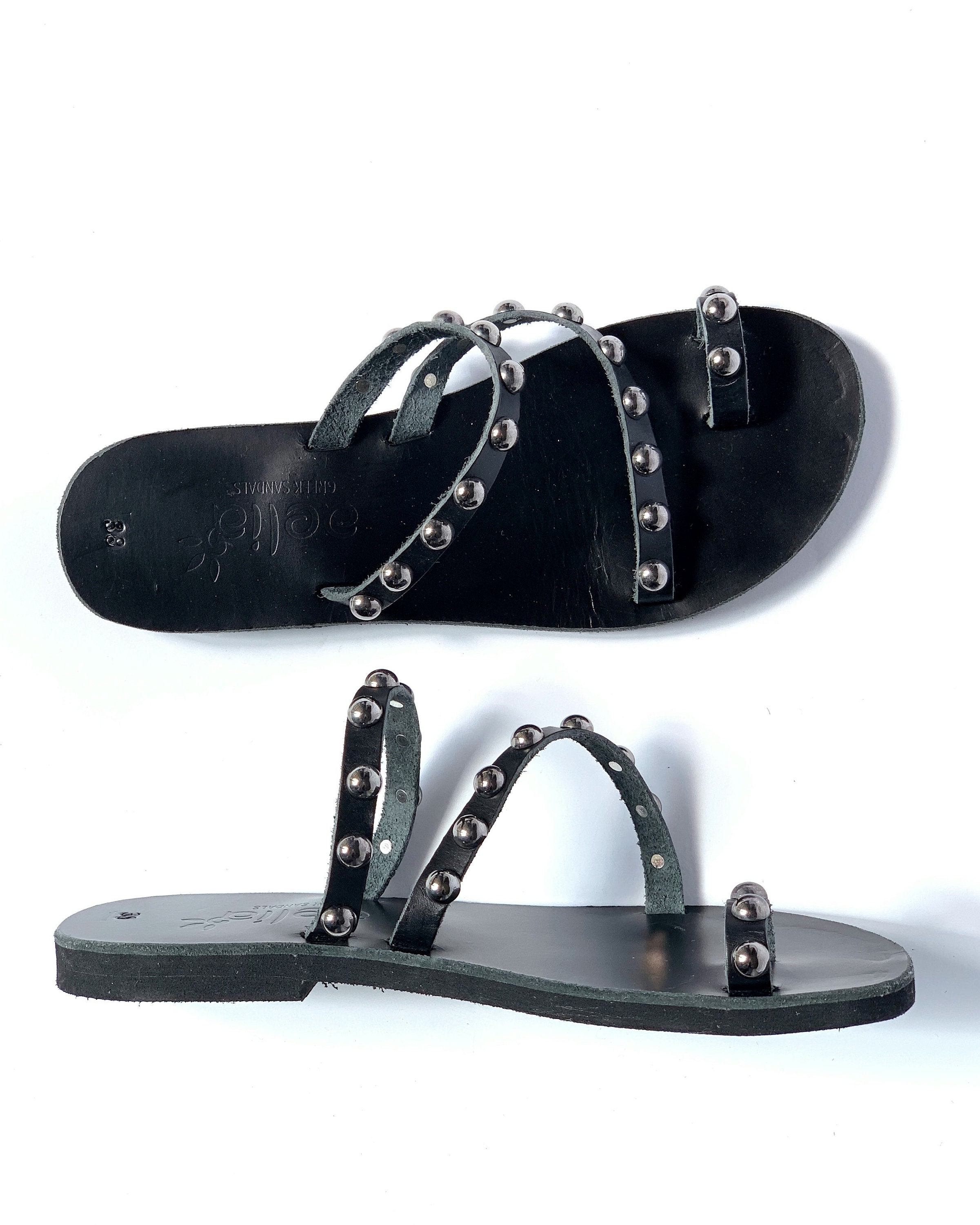 Black Leather Women Sandals With Metal Studs