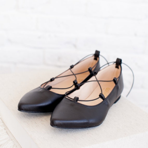 Handmade Leather Lace up Flats, Black Pointed Toe Shoes - Etsy