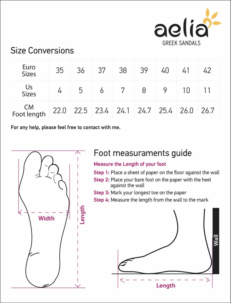 May include: A diagram showing how to measure your foot for sandals. The diagram shows a foot placed on a sheet of paper against a wall. The instructions are to measure the length of the foot from the wall to the longest toe.