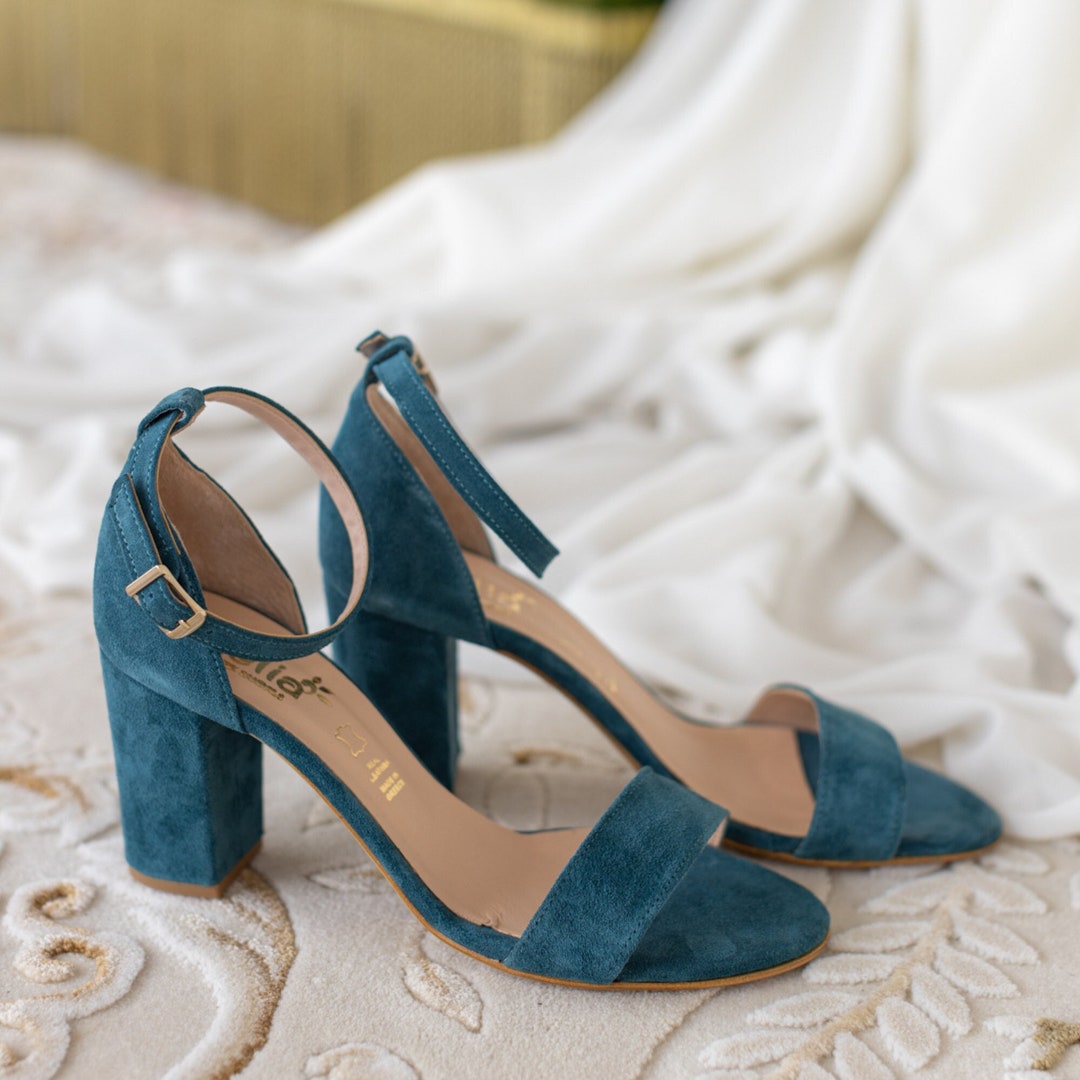 Blue suede block heel sandals new arrivals