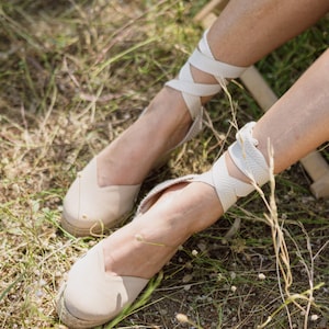 Beige Espadrilles Wedges with beige cotton  ribbon .Suede wedge beige espadrilles handmade in Greece .