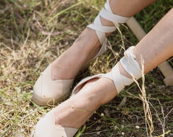 Beige Espadrilles Wedges with beige cotton  ribbon .Suede wedge beige espadrilles handmade in Greece .