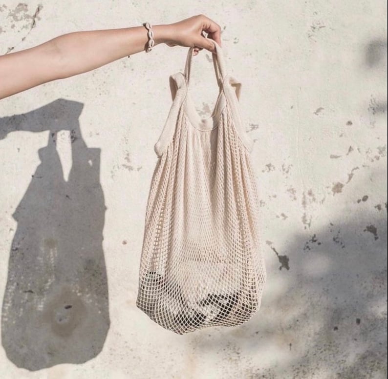 String Cotton Shopping bag /Vintage cotton net bag over shoulder natural image 1