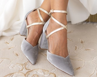 Grey Velvet Wedding Shoes, grey and gold straps ,the perfect wedding shoes, customs women shoes ,D'Orsay ankle strap Heels ,Shoes for Bride