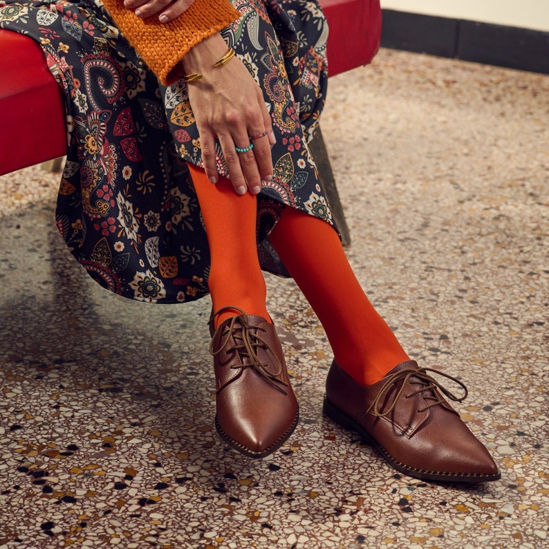 Handmade Vegan Brown Oxford Shoes | Women's Pointed Toe Flats | Derby Style Lace-Up Dress Footwear