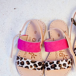 Little girl Aelia greek sandals /Mini and me sandals/fuchsia and leopard pony skin / yellow leopard pony skin/ apostasy image 2