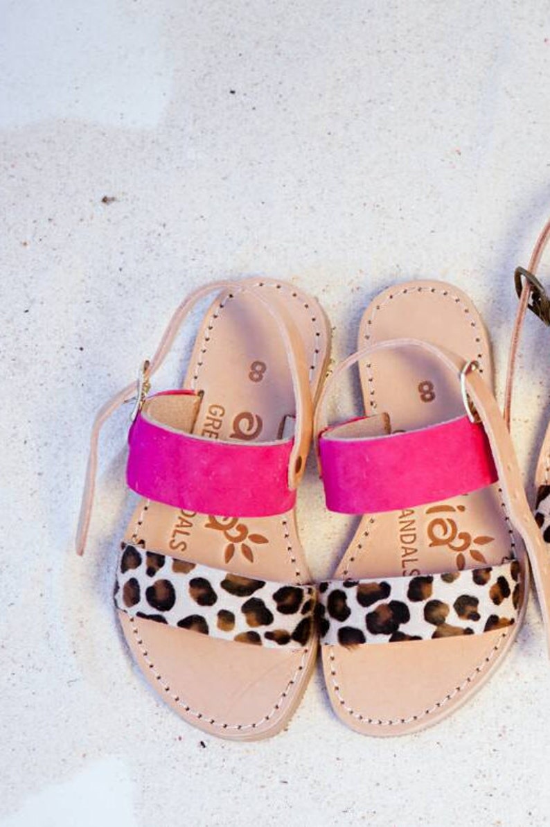 Little girl Aelia greek sandals /Mini and me sandals/fuchsia and leopard pony skin / yellow leopard pony skin/ apostasy image 2