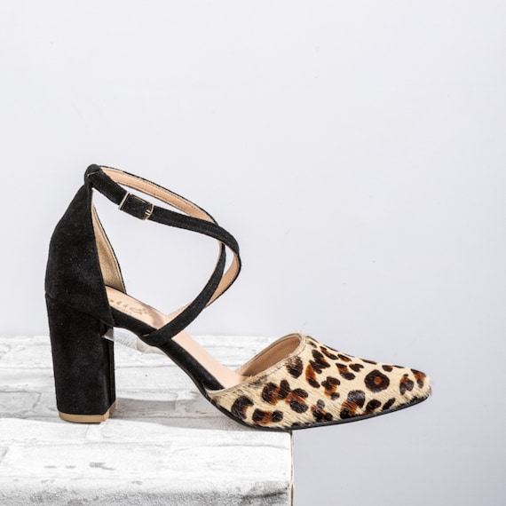 Elegant Black - Animal Print Handmade Block Heel Pumps: Women's Pointed-Toe Sandals for Business & Parties