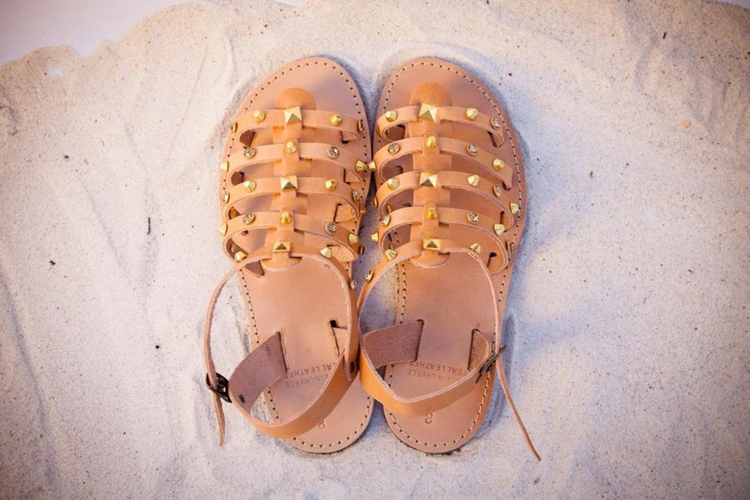 Gladiator Tan Leather Sandals With Gold Studs Handmade in - Etsy
