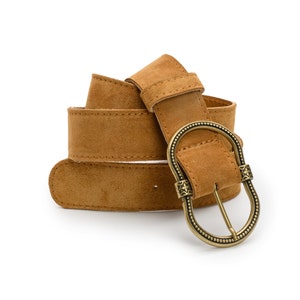 Brown Suede Leather Belt with Gold Buckle - Vintage Style - Leather Belt Woman Handmade in Greece