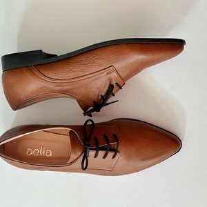 May include: A pair of brown leather lace-up shoes with black laces. The shoes have a pointed toe and a low heel. The brand name "aelia" is printed on the inside of one shoe.