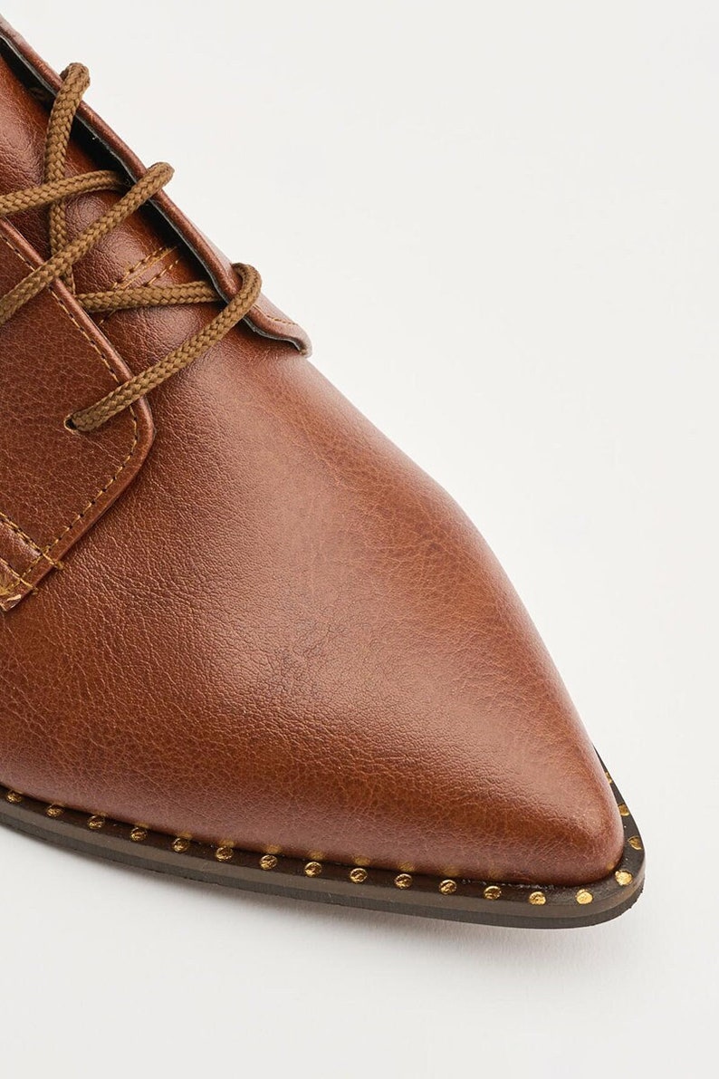 Handmade Vegan Brown Oxford Shoes | Women's Pointed Toe Flats | Derby Style Lace-Up Dress Footwear