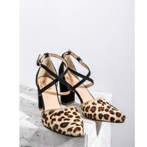 Elegant Black & Animal Print Handmade Block Heel Pumps: Women's Pointed-Toe Sandals for Business & Parties