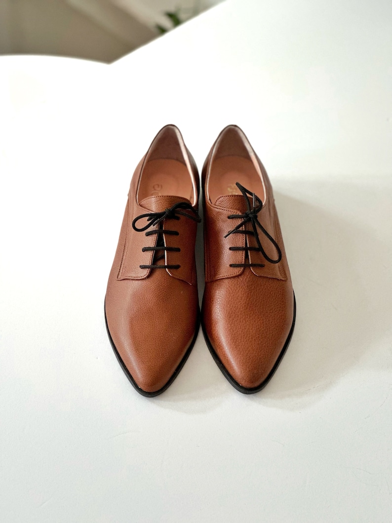 Women Brown Leather Oxfords , Brown Oxfords Shoes, Leather Flat Shoes , Formal shoes, Pointy Flats ,Big womens sizes, Handmade in Greece image 2