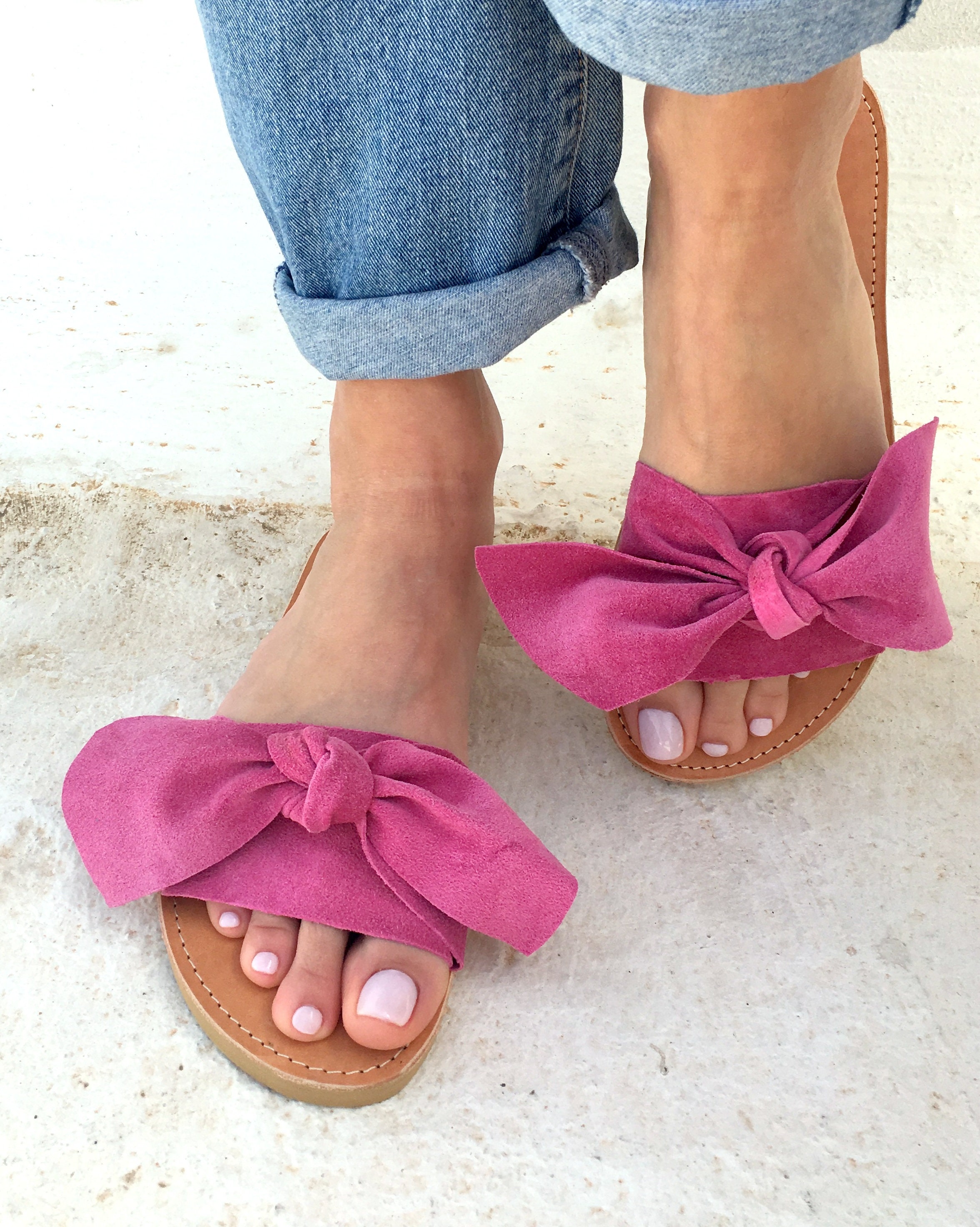 Woman bow sandals by aelia greek sandals slides leather Etsy