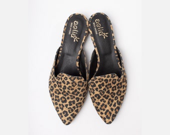 The animal print  Mules, Handmade Slides leopard print  open heel women shoes ,pointed mules, slides