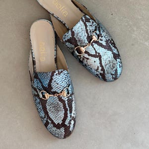 Blue Stamp snake Leather Mules, Handmade Slides Blue shiny  open heel women shoes ,round mules. Gold buckle. Every day mules , unique shoes