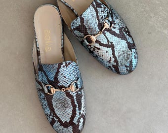 Blue Stamp snake Leather Mules, Handmade Slides Blue shiny  open heel women shoes ,round mules. Gold buckle. Every day mules , unique shoes
