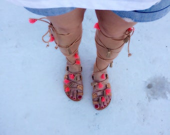 Greek sandals,Gladiator sandals,Lace up sandals,Tie up sandals,leather.handmade,,toe ring ,Pom Pom, tassel coral,woman's sandals