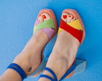 Vibrant Cross Strap Platform Wedge Sandals - Handmade, Retro-Inspired Chunky Heels with Ankle Strap - Unique 70s Style Shoes for Women