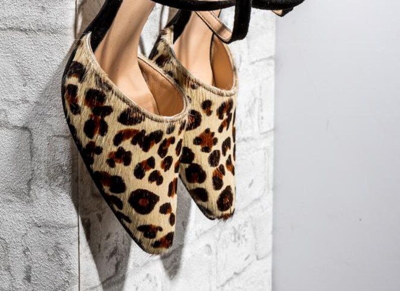 Elegant Black & Animal Print Handmade Block Heel Pumps: Women's Pointed-Toe Sandals for Business & Parties