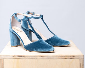 Bridal blue velvet tango style Woman Handmade Medium Block Heels Pointed Pumps ,collection Donna sandalen blockabsatz