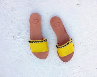 greek leather/leather sandals/aelia /open toe leather slide shoes/yellow/boho chic/genuine leather/flipflop/sandals