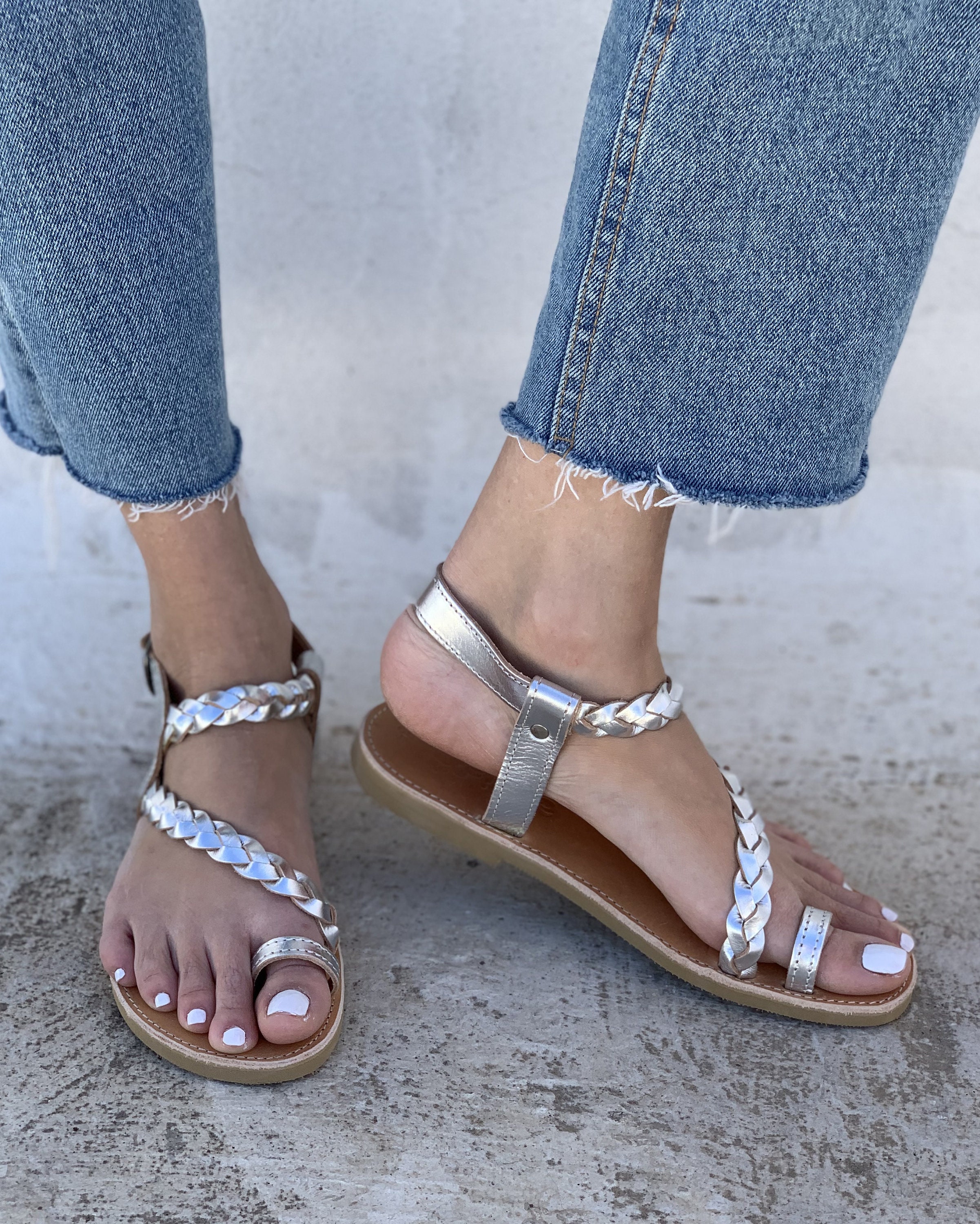 Silver Leather Women sandals , Wedding Greek Sandals last pair 38 EU-7US