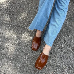 Square Toe Block Heels Clogs/Mules Shoes- Elena brown ,clogs patent leather brown