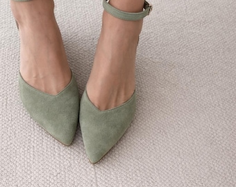 Sage green- olive green Suede Low Heels: Heart Cut Italian Leather Pointed Pumps