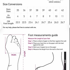 May include: Size conversion chart for sandals in UK, Euro, and CM sizes. The chart shows the corresponding sizes for each measurement system. A diagram illustrates how to measure the length of your foot using a sheet of paper and a wall.