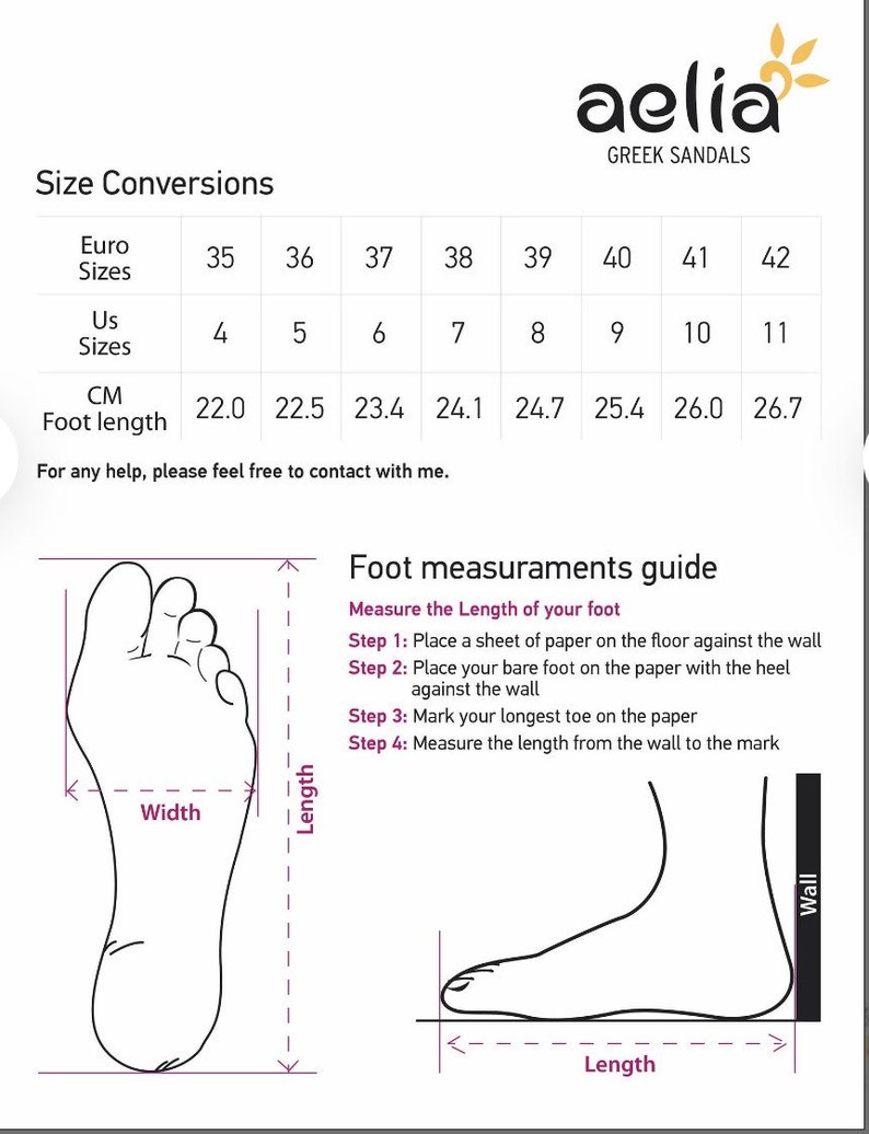 May include: Size conversion chart for sandals in UK, Euro, and CM sizes. The chart shows the corresponding sizes for each measurement system. A diagram illustrates how to measure the length of your foot using a sheet of paper and a wall.
