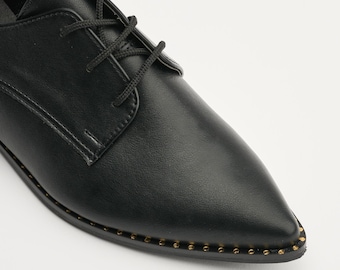 Vegan Derby Woman Flats Shoes In Black Color