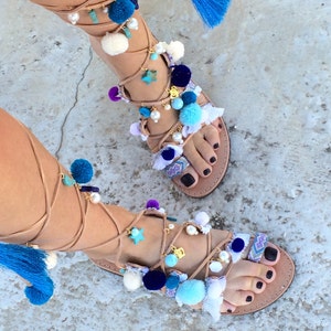 Gladiator sandals in blue /Pom Pom/lace up Greek sandals/ aelia Greek sandals/ tassel/ boho /woman shoes/ free shipping image 4