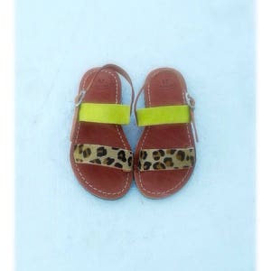 Little girl Aelia greek sandals /Mini and me sandals/fuchsia and leopard pony skin / yellow leopard pony skin/ apostasy image 4