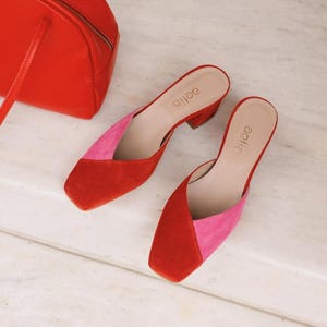 Pink Red Suede Leather Clogs – Square Toe Block Heel Mules, Handmade in Greece