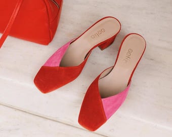 Pink Red Suede Leather Clogs – Square Toe Block Heel Mules, Handmade in Greece