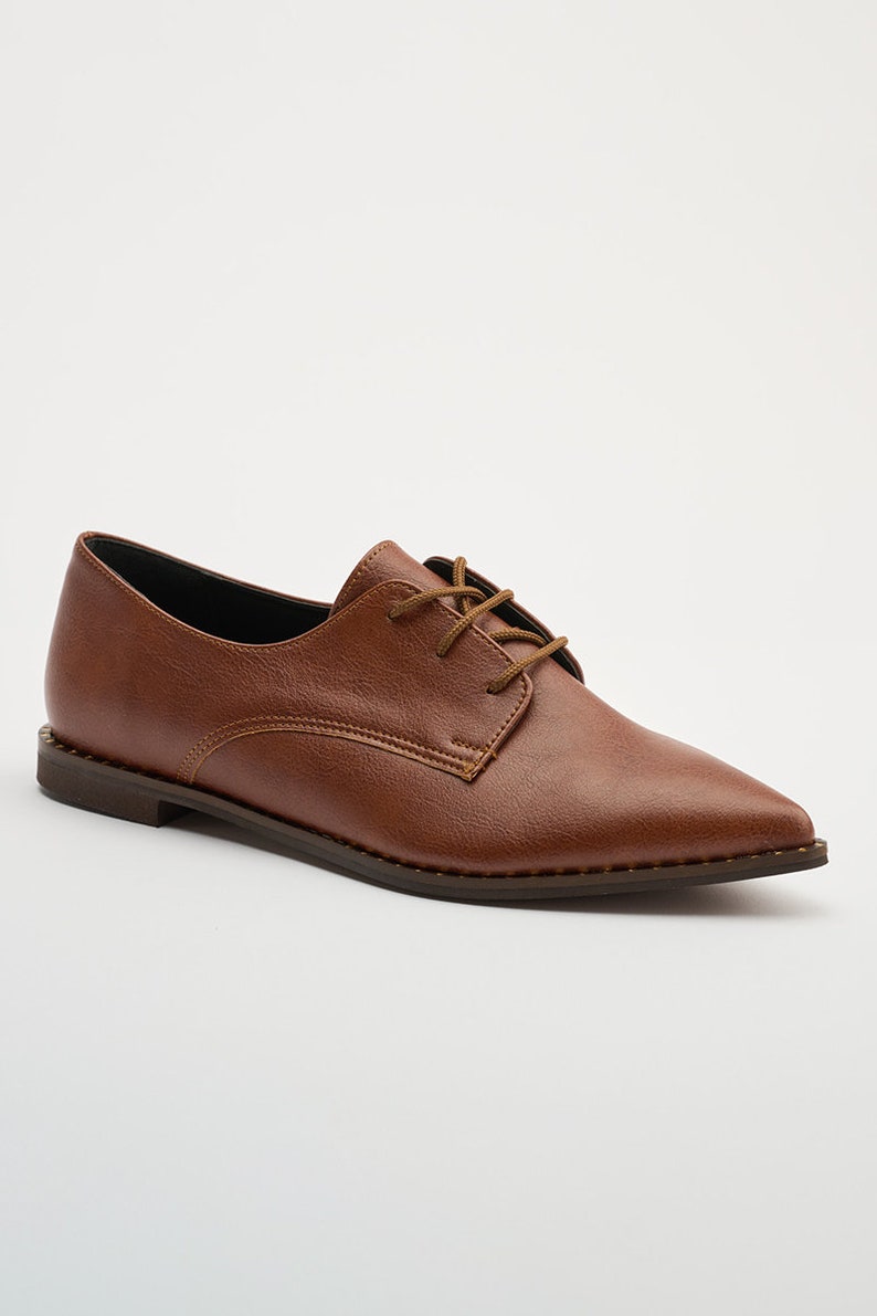 Handmade Vegan Brown Oxford Shoes | Women's Pointed Toe Flats | Derby Style Lace-Up Dress Footwear