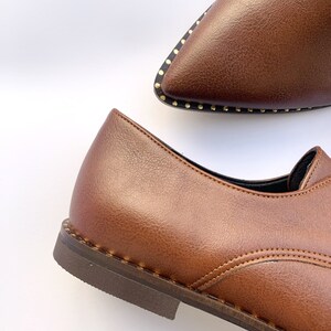 Handmade Vegan Brown Oxford Shoes | Women's Pointed Toe Flats | Derby Style Lace-Up Dress Footwear