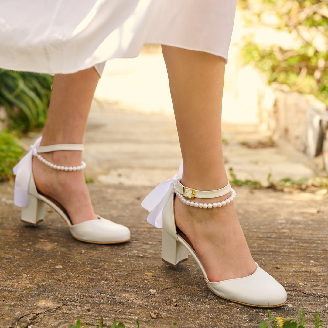 White Block Heel Handmade With Vegan Pearl Leather, Women Wedding Shoes ...