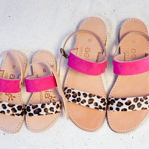 Little girl Aelia greek sandals /Mini and me sandals/fuchsia and leopard pony skin / yellow leopard pony skin/ apostasy