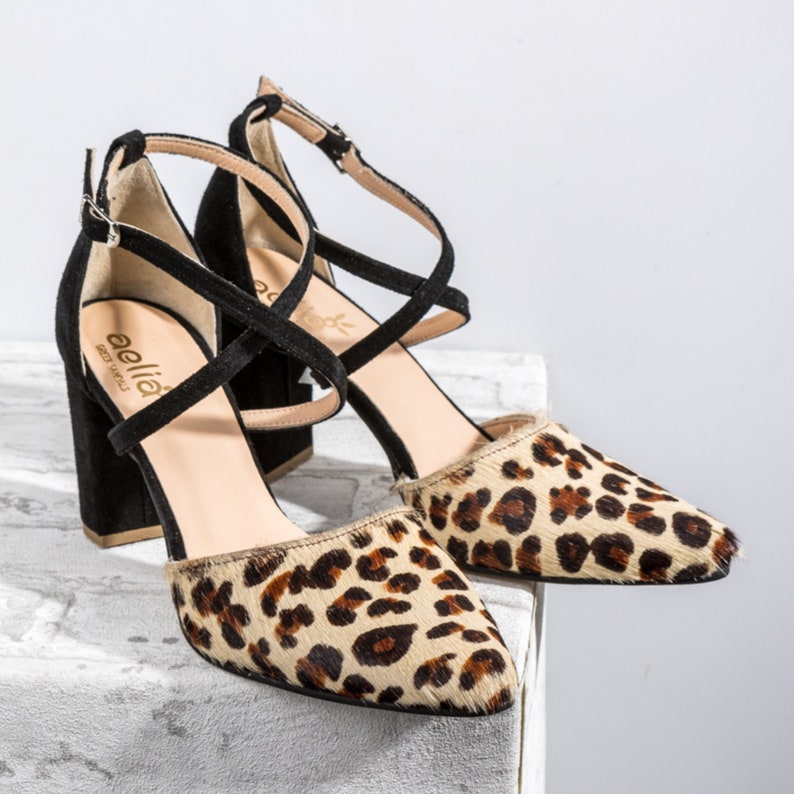 Elegant Black & Animal Print Handmade Block Heel Pumps: Women's Pointed-Toe Sandals for Business & Parties
