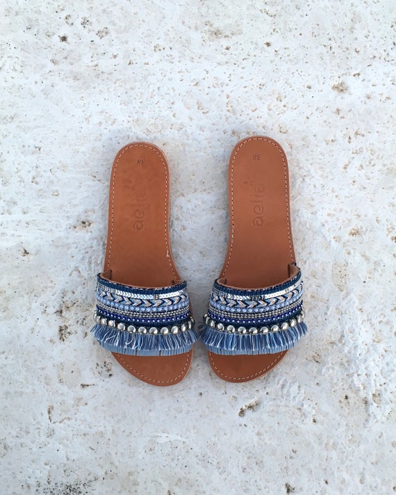 Woman Leather Sandals With Blue Decorate / Aelia Greek - Etsy