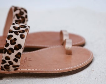 Toe ring leather Sandals Animal print with gold / slides chic sandals for summer /aelia  greek sandals/animal print haircalf/gold leather