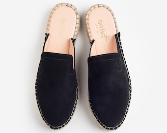 BLACK Flat Leather Mules Espadrilles  Suede Leather . Handmade in Greece , comfy flat woman shoes, split leather shoes