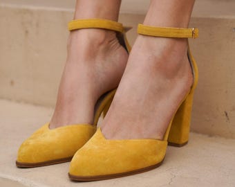 yellow suede high heels shoes ,women heels for occasion ,Pointy Toe | heart cut | Italian Leather, Handmade Womens Pointed Pump Shoes
